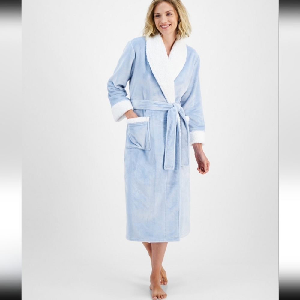 Women's Long Plush Fleece-Trim Robe Blue